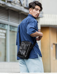 Black Casual Leather Mens Vertical Side Bag Black Messenger Bags Postman Bag Courier Bag for Men - imessengerbags