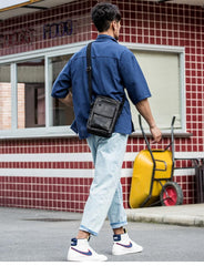 Black Casual Leather Mens Vertical Side Bag Black Messenger Bags Postman Bag Courier Bag for Men - imessengerbags