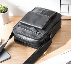 Black Casual Leather Mens Vertical Side Bag Black Messenger Bags Postman Bag Courier Bag for Men - imessengerbags