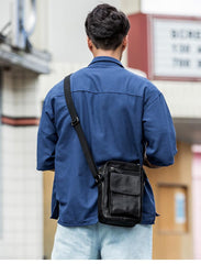 Black Casual Leather Mens Vertical Side Bag Black Messenger Bags Postman Bag Courier Bag for Men