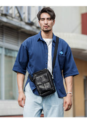 Black Casual Leather Mens Vertical Side Bag Black Messenger Bags Postman Bag Courier Bag for Men