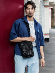 Black Casual Leather Mens Vertical Side Bag Black Messenger Bags Postman Bag Courier Bag for Men - imessengerbags