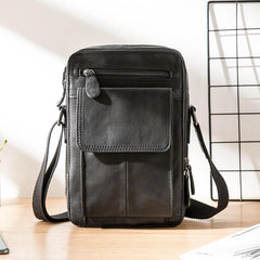 Black Casual Leather Mens Vertical Side Bag Black Messenger Bags Postman Bag Courier Bag for Men - imessengerbags