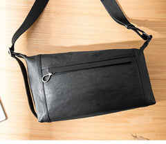 Casual Black Leather Mens 11 inches Side Bag Postman Bag Black Messenger Bags for Men