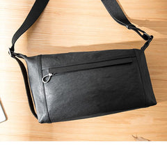 Casual Black Leather Mens 11 inches Side Bag Postman Bag Black Messenger Bags for Men - imessengerbags