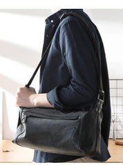 Casual Black Leather Mens 11 inches Side Bag Postman Bag Black Messenger Bags for Men - imessengerbags