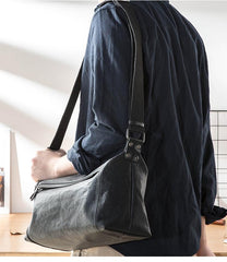 Casual Black Leather Mens 11 inches Side Bag Postman Bag Black Messenger Bags for Men - imessengerbags