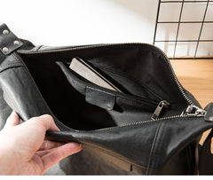 Casual Black Leather Mens 11 inches Side Bag Postman Bag Black Messenger Bags for Men - imessengerbags