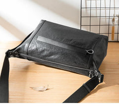 Casual Black Leather Mens 11 inches Side Bag Postman Bag Black Messenger Bags for Men - imessengerbags