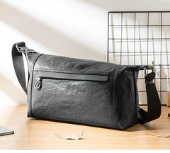 Casual Black Leather Mens 11 inches Side Bag Postman Bag Black Messenger Bags for Men - imessengerbags