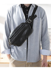 Black Casual Leather Mens 8inches Sling Bag Chest Bag Black One Shoulder Backpack for Men