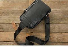 Black Casual Leather Mens 8 inches Sling Bag Chest Bag Black One Shoulder Backpack Phone Bag for Men - imessengerbags