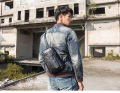 Black Casual Leather Mens 8 inches Sling Bag Chest Bag Black One Shoulder Backpack Phone Bag for Men - imessengerbags