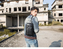 Black Casual Leather Mens 8 inches Sling Bag Chest Bag Black One Shoulder Backpack Phone Bag for Men - imessengerbags