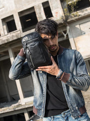 Black Casual Leather Mens 8 inches Sling Bag Chest Bag Black One Shoulder Backpack Phone Bag for Men