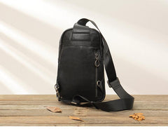 Black Casual Leather Mens 8 inches Sling Bag Chest Bag Black One Shoulder Backpack Phone Bag for Men - imessengerbags