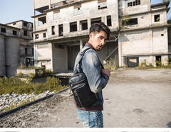 Black Casual Leather Mens 8 inches Sling Bag Chest Bag Black One Shoulder Backpack Phone Bag for Men - imessengerbags