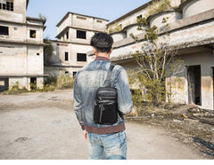 Black Casual Leather Mens 8 inches Sling Bag Chest Bag Black One Shoulder Backpack Phone Bag for Men - imessengerbags