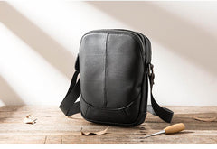 Black Leather Mens Small Vertical Messenger Bag Postman Bag Small Courier Bag for Men