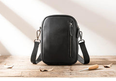 Black Leather Mens 8 inches Small Vertical Side Bag Black Messenger Bags Postman Bag Courier Bag for Men - imessengerbags