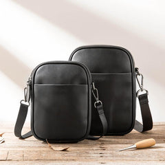 Black Leather Mens 8 inches Small Vertical Side Bag Black Messenger Bags Postman Bag Courier Bag for Men - imessengerbags