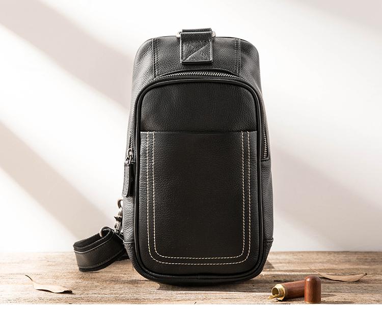 Black Leather Mens Large Sling Bag Chest Bag Sling Pack Black One Shoulder Backpack for Men - imessengerbags