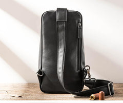 Black Leather Mens Large Sling Bag Chest Bag Sling Pack Black One Shoulder Backpack for Men - imessengerbags