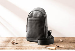 Black Casual Leather Mens Sling Bag Chest Bags Black One Shoulder Backpack Sling Pack for Men - imessengerbags