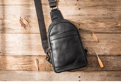 Black Casual Leather Mens Sling Bag Chest Bags Black One Shoulder Backpack Sling Pack for Men - imessengerbags