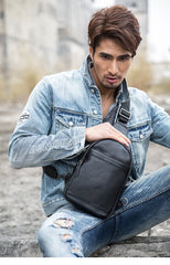 Black Casual Leather Mens Sling Bag Chest Bags Black One Shoulder Backpack Sling Pack for Men - imessengerbags