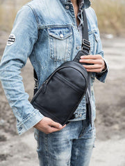 Black Casual Leather Mens Sling Bag Chest Bags Black One Shoulder Backpack Sling Pack for Men - imessengerbags