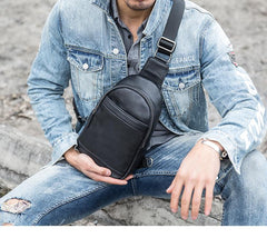 Black Casual Leather Mens Sling Bag Chest Bags Black One Shoulder Backpack Sling Pack for Men - imessengerbags