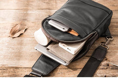 Black Casual Leather Mens Sling Bag Chest Bags Black One Shoulder Backpack Sling Pack for Men - imessengerbags