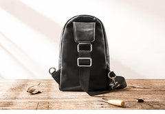 Black Casual Leather Mens Sling Bag Chest Bags Black One Shoulder Backpack Sling Pack for Men - imessengerbags