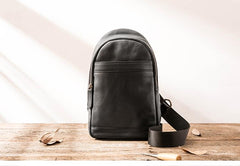 Black Casual Leather Mens Sling Bag Chest Bags Black One Shoulder Backpack Sling Pack for Men - imessengerbags