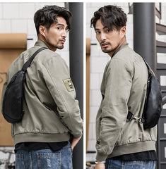 Black Cool Leather Mens Sling Bag Chest Bag Black Sling Pack One Shoulder Backpack for Men - imessengerbags