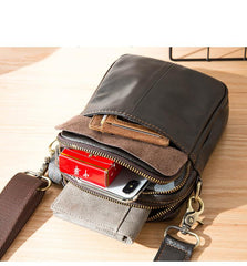 Black Casual Leather Mens Vertical Mini Side Bag Small Messenger Bags Belt Bag for Men - imessengerbags
