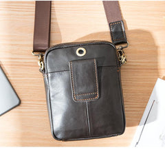 Black Casual Leather Mens Vertical Mini Side Bag Small Messenger Bags Belt Bag for Men - imessengerbags