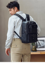Casual Black Mens Leather School Backpacks Travel Backpacks 14-inch Laptop Backpack for men - imessengerbags