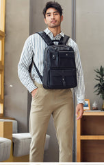 Casual Black Mens Leather School Backpacks Travel Backpacks 14-inch Laptop Backpack for men - imessengerbags