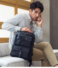 Casual Black Mens Leather School Backpacks Travel Backpacks 14-inch Laptop Backpack for men - imessengerbags