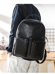 Black Fashion Mens Leather 15-inch Computer Backpacks Black Travel Backpacks College Backpack for men - imessengerbags