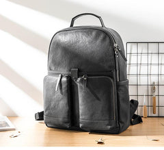 Black Fashion Mens Leather 15-inch Computer Backpacks Black Travel Backpacks College Backpack for men - imessengerbags