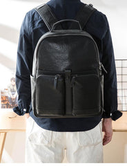 Black Fashion Mens Leather 15-inch Computer Backpacks Black Travel Backpacks College Backpack for men - imessengerbags