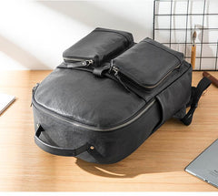 Black Fashion Mens Leather 15-inch Computer Backpacks Black Travel Backpacks College Backpack for men - imessengerbags