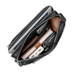 Black Cool Leather 10 inches Large Zipper Messenger Bag Handbag Shoulder Bag For Men - imessengerbags