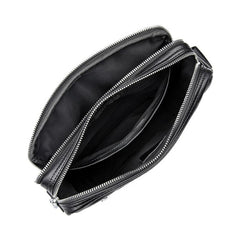 Black Cool Leather 10 inches Large Zipper Messenger Bag Handbag Shoulder Bag For Men