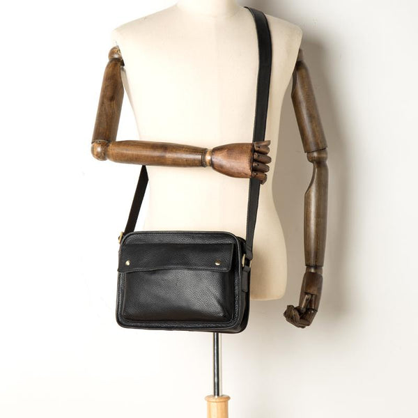 Cool Black Leather 10 inches Small Postman Bags Messenger Bag Courier Bag for Men - imessengerbags