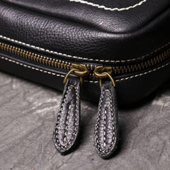 Black Cool Leather 10 inches Small Zipper Messenger Bag Vertical Shoulder Bag Dark Brown Side Bag For Men - imessengerbags
