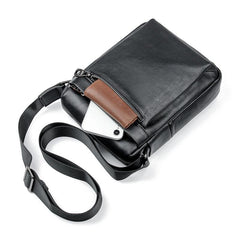 Black Cool Leather 8 inches Small Vertical Messenger Bag Courier Bag Postman Bag For Men - imessengerbags